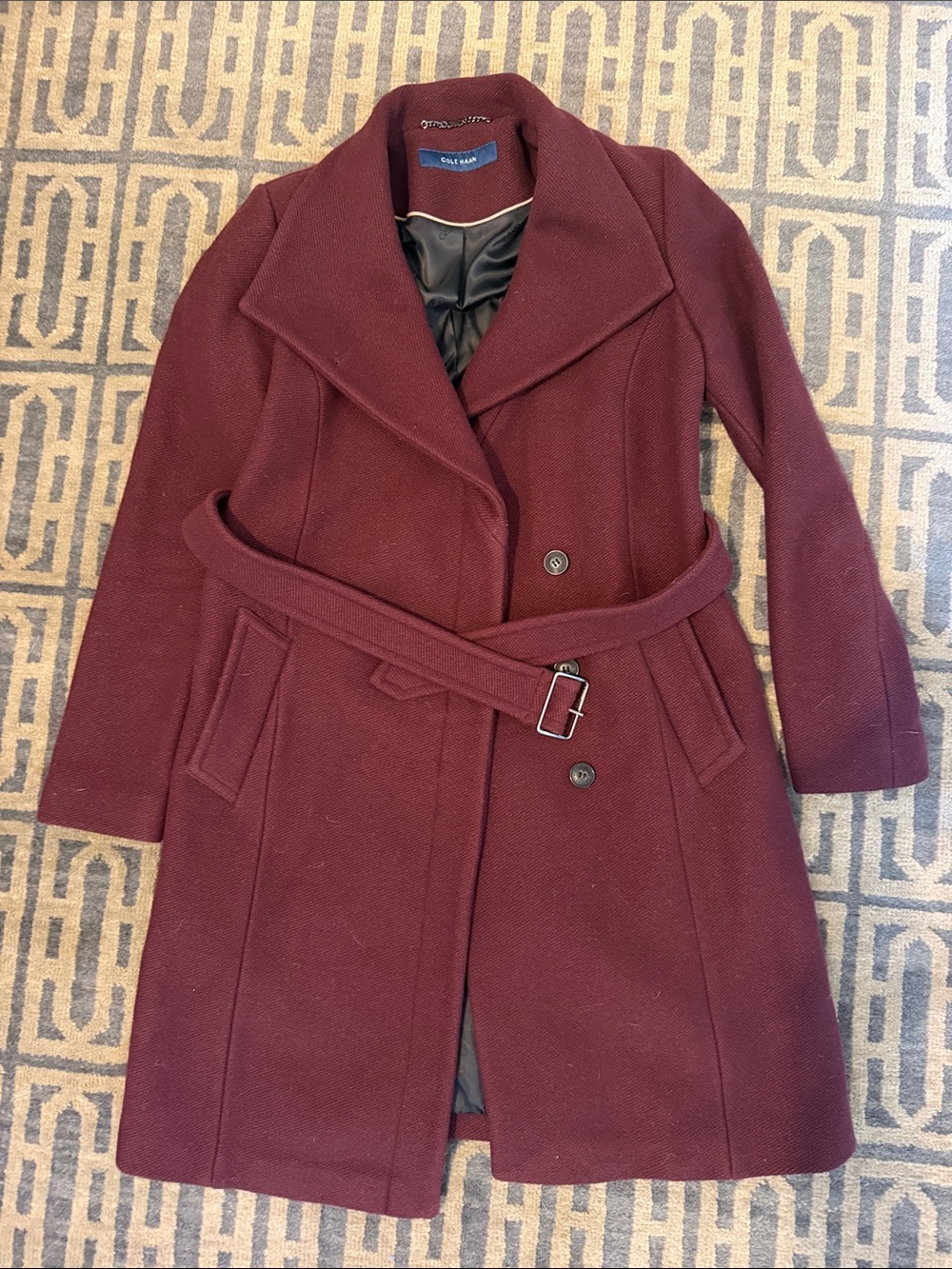 Cole Haan Burgundy Wool-Blend Belted Trench Coat